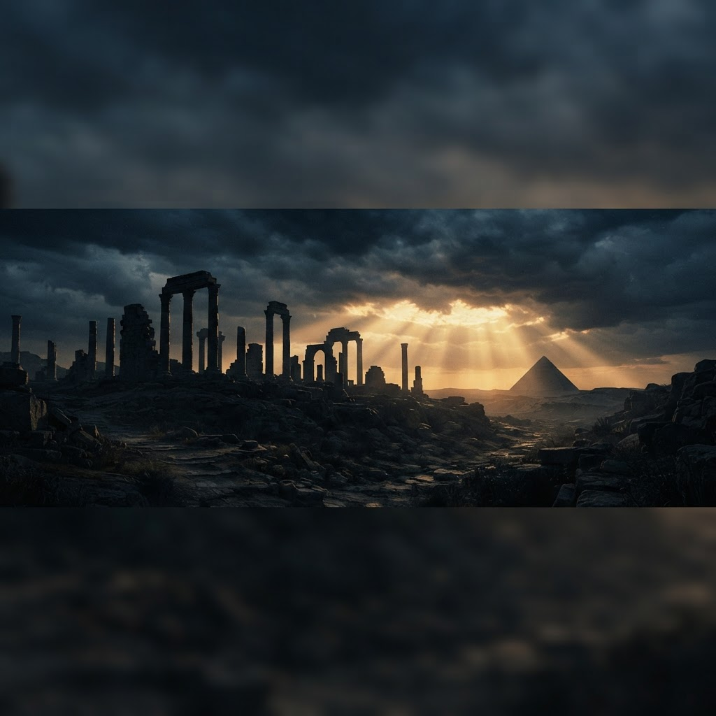 Ancient ruins under a dramatic sky at dusk