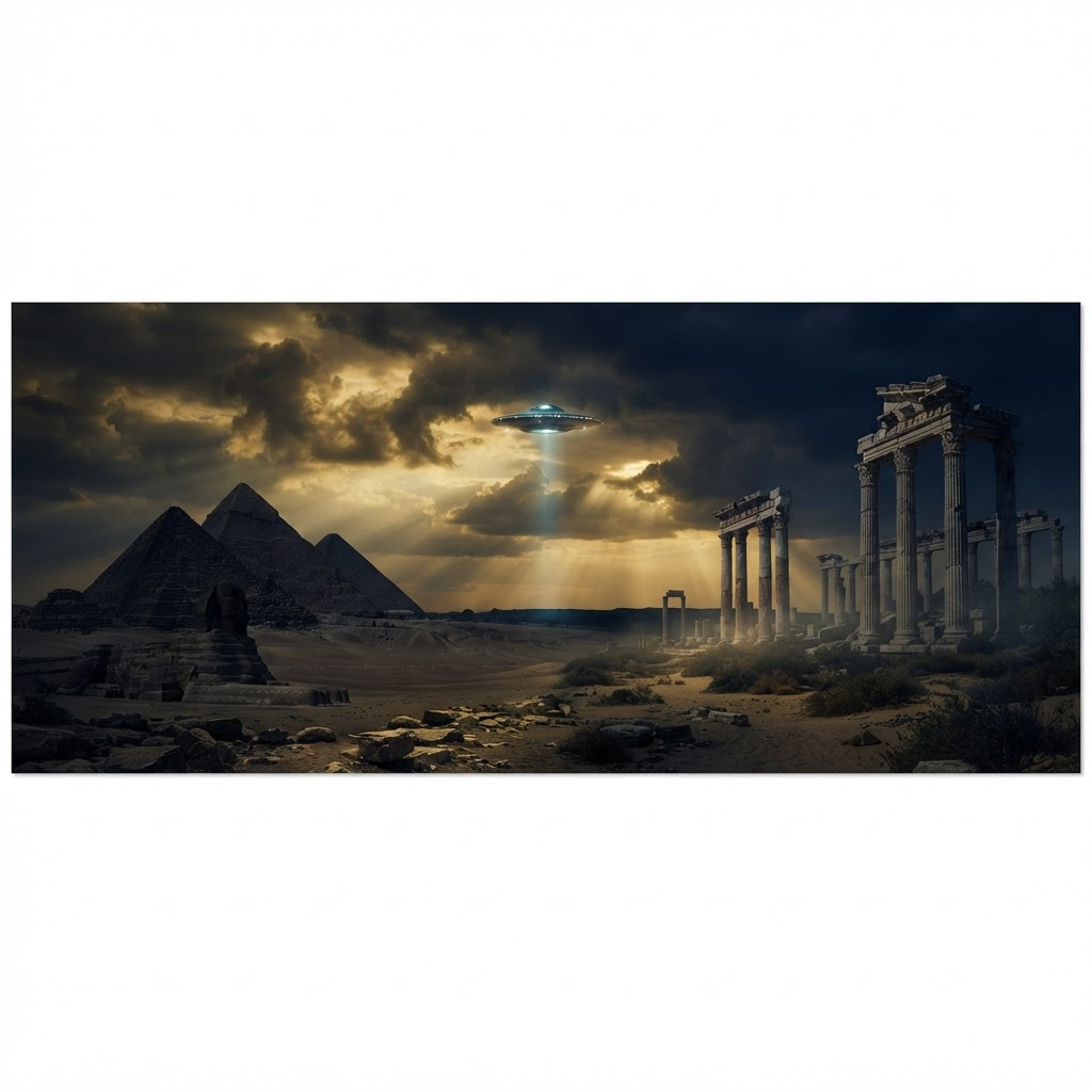 A craft descends over ancient pyramids and ruins beneath a storm-lit sky