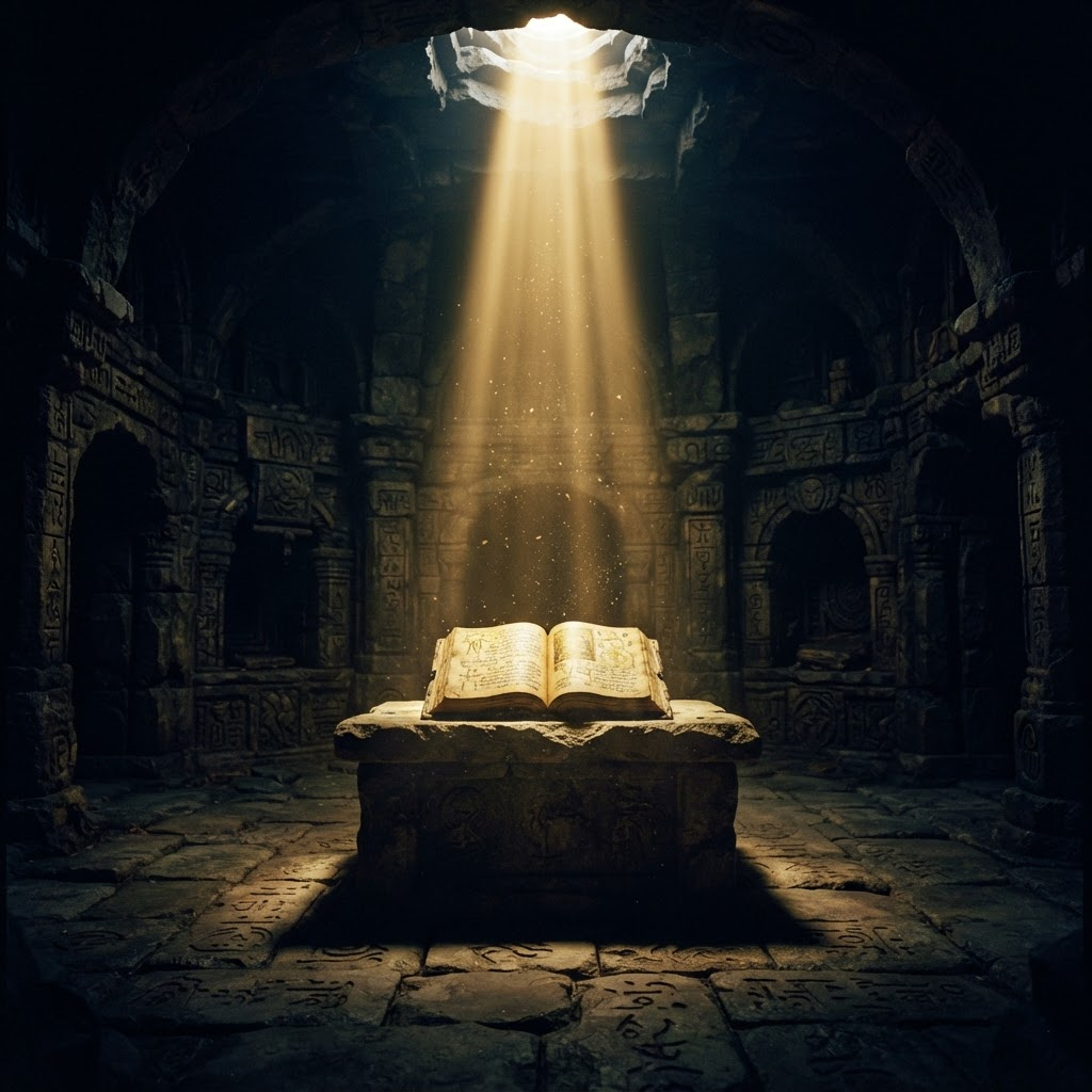 Ancient stone chamber with glowing codex