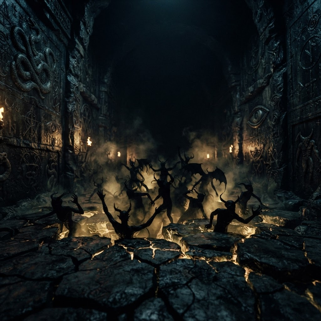 Shadowy demonic figures in ancient stone chamber