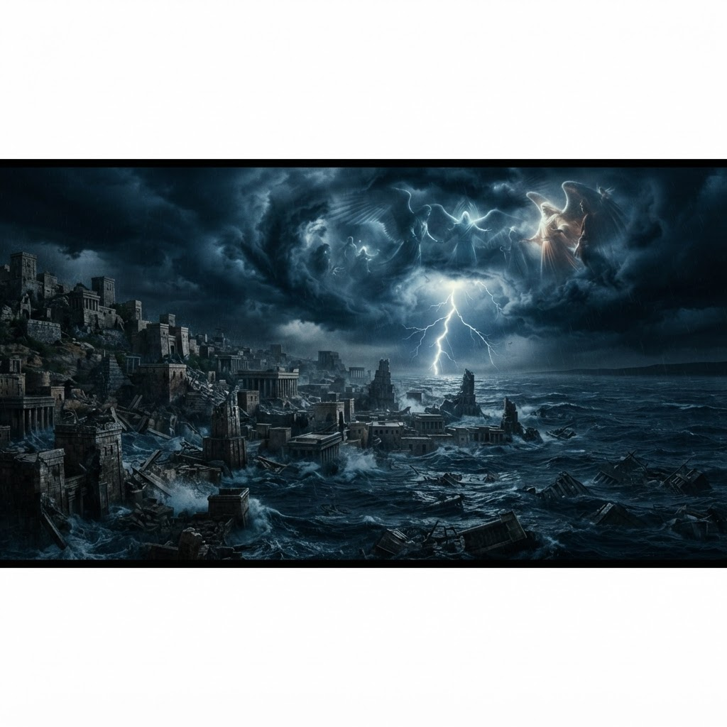 Great Flood rising over ancient city ruins