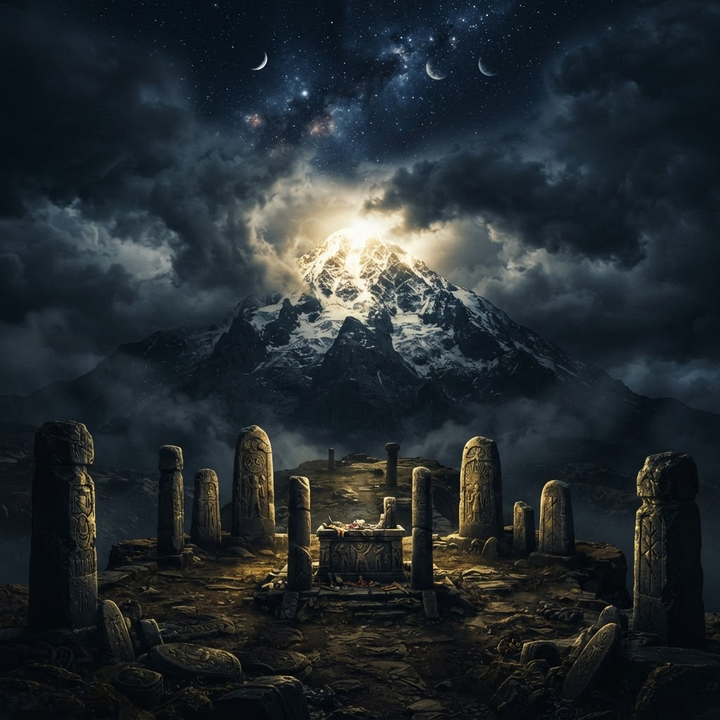Ancient ruins bathed in golden supernatural light