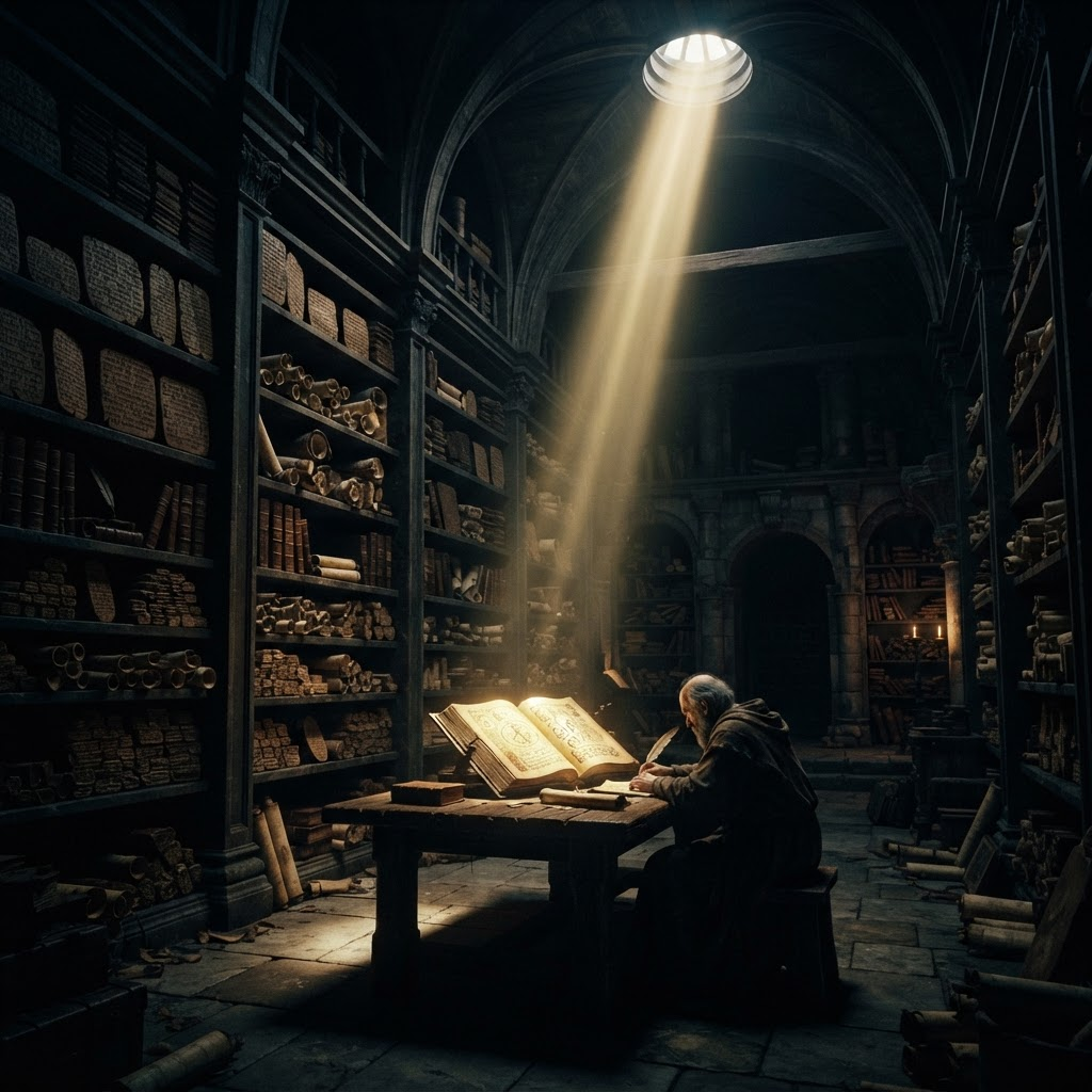 Ancient library with towering scroll shelves lit by golden light