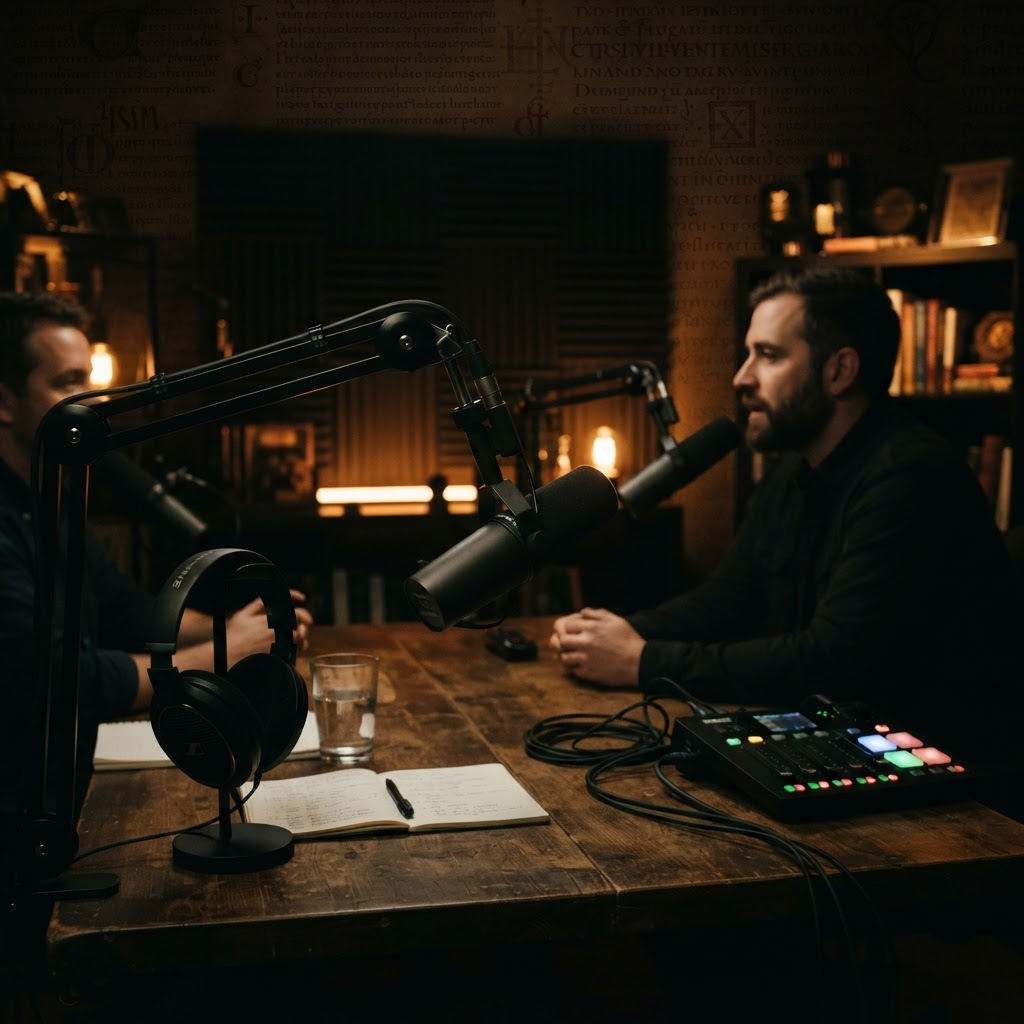 Dark moody podcast studio with dramatic lighting