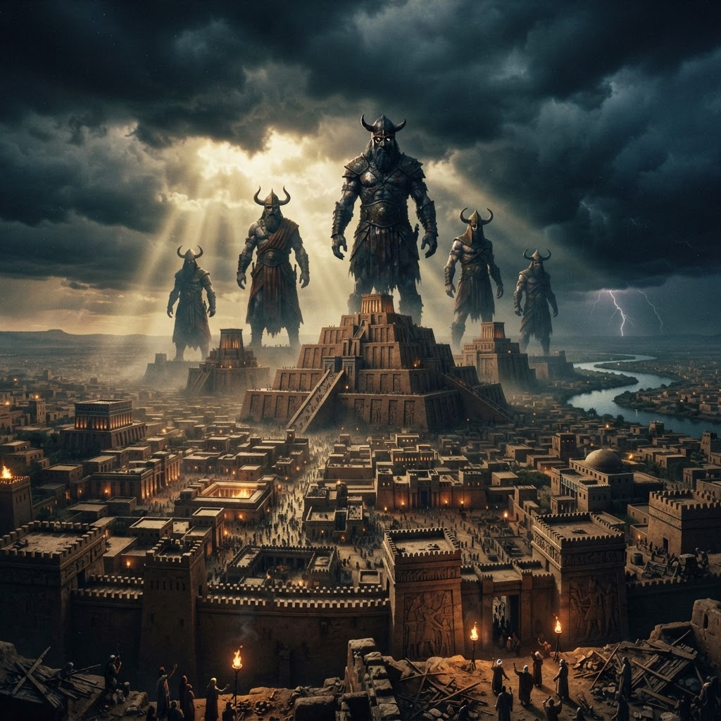 Nephilim giants over ancient landscape