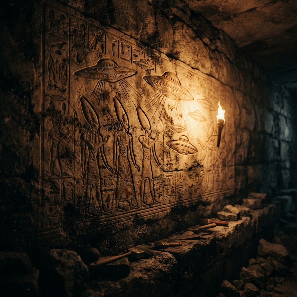 Ancient stone carvings depicting disc craft